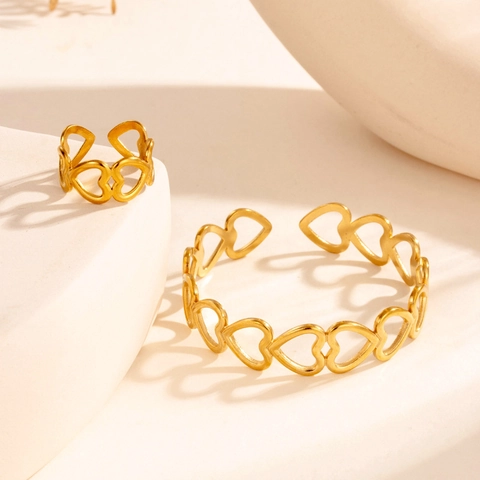 Set Anello Bracciale Aperto Regolabile in Acciaio Inossidabile a Cuore Cavo per Donna Minimalista Cuore Oro Gioielli da Mano
