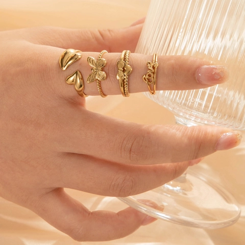 Edelstahl Offener Verstellbarer Ring Süßes Herz Schleife Love Brief Minimalistisch Trendiger Fingerschmuck Für Damen Mädchen