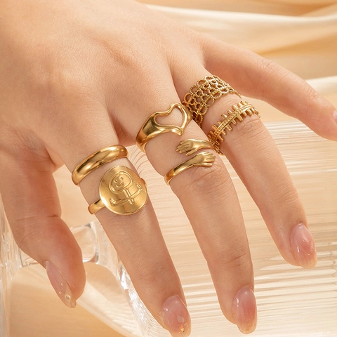 Stainless Steel Open Rings Geometric Hollow Heart Hugging Hands Smiley Face Adjustable Minimalist Fashion Jewelry Rings