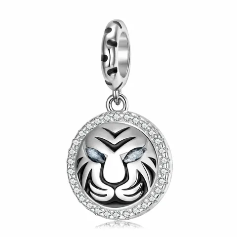 925 Sterling Silver Tiger Head Charm Pendant With Cubic Zirconia Black Enamel Animal Bead For DIY Bracelet Necklace Jewelry