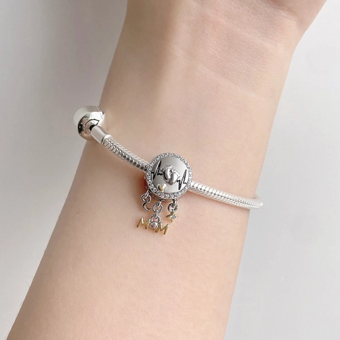 925 Sterling Silver Heartbeat Baby Footprint Charm Gold Plated Heart MOM Pendant With Zirconia For Bracelet Necklace Mother Day Jewelry
