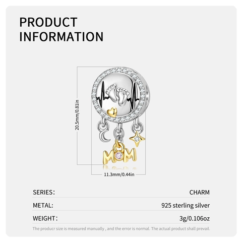 925 Sterling Silver Heartbeat Baby Footprint Charm Gold Plated Heart MOM Pendant With Zirconia For Bracelet Necklace Mother Day Jewelry