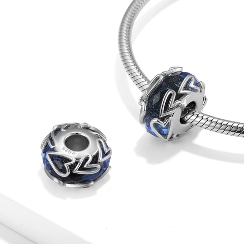 925 Sterling Silver Murano Glass Charm Deep Blue Starry Heart Hollow DIY Bead For Bracelet Necklace Fine Jewelry Women