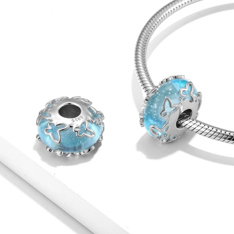 925 Sterling Silver Butterfly Hollowed Out Glass Charm Bead Blue Starry Glitter DIY Accessories For Bracelet Jewelry