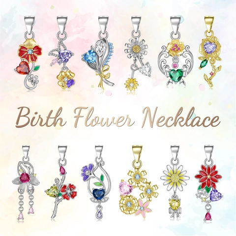 925 Sterling Silver Birth Flower Pendant Necklace For Women Zirconia Heart Floral Enamel Necklaces Birthday Jewelry Gift
