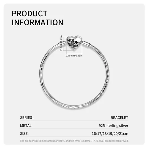 925 Sterling Silver Snake Chain Bracelet Double Skull Heart Clasp Gothic Punk Style DIY Base Chain For Women Jewelry Gift
