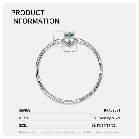 Pulsera de Plata de Ley 925 con Cierre de Búho Cadena de Hueso de Serpiente Ojos de Diamante Verde Charm DIY Joyería Mujer