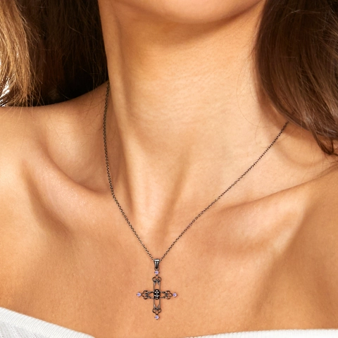 Gothic 925 Sterlingsilber Totenkopf Kreuz Anhänger Halskette Für Damen Herren Punk Schwarz Galvanisiert Lila Zirkonia Schmuck