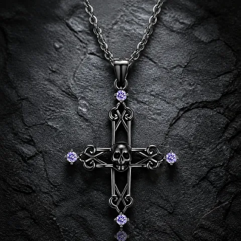 Gothic 925 Sterlingsilber Totenkopf Kreuz Anhänger Halskette Für Damen Herren Punk Schwarz Galvanisiert Lila Zirkonia Schmuck
