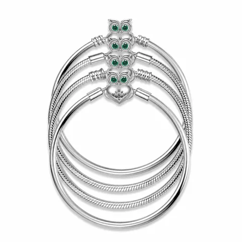 Pulsera de Plata de Ley 925 con Cierre de Búho Cadena de Hueso de Serpiente Ojos de Diamante Verde Charm DIY Joyería Mujer