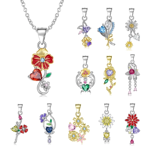 925 Sterling Silver Birth Flower Pendant Necklace For Women Zirconia Heart Floral Enamel Necklaces Birthday Jewelry Gift