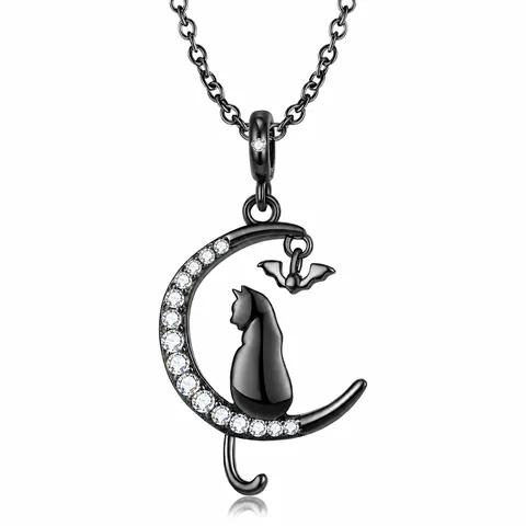 Collar con Colgante Gato Murciélago Luna Negra Gótica en Plata de Ley 925 Strass Joyas Halloween Regalo Mujer