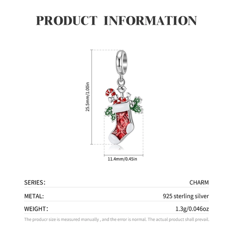 925 Sterling Silver Christmas Sock Charm For Bracelet Red Enamel Candy Cane Holly Leaf Festive Jewelry Pendant For Women