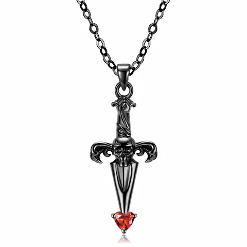 925 Sterlingsilber Gothic Dolch Anhänger Halskette Rotes Herz Strass Totenkopf Kreuzschwert Punk Schmuck Für Damen Herren