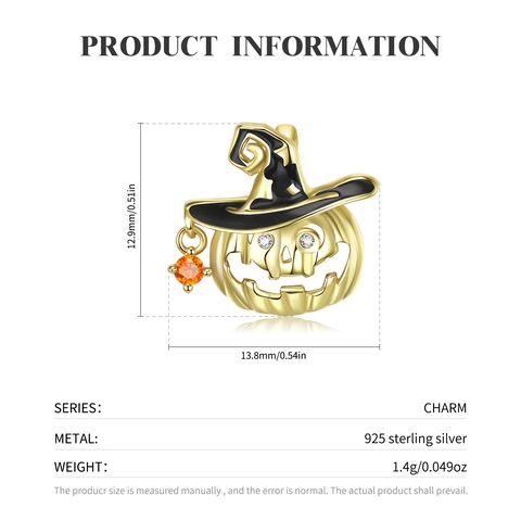 925 Sterling Silver Halloween Pumpkin Witch Hat Charm Gold Plated Enamel Rhinestone Bead For Bracelet Jewelry Making Women