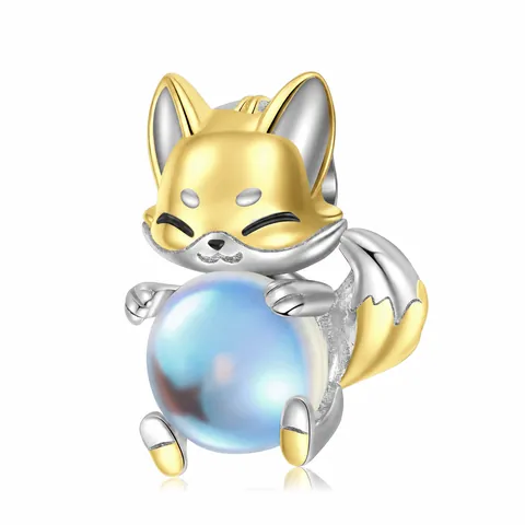 925 Sterling Silver Cartoon Fox Charm Bead Synthetic Moonstone Inlaid Animal Pendant For Bracelet Necklace DIY Jewelry Making