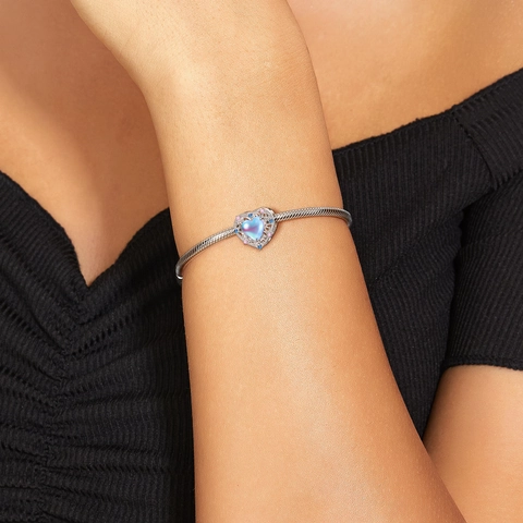 S925 Sterling Silber Herz Anhänger Synthetischer Mondstein Hohle Eingelegte Strass Perle Für DIY Armband Schmuckherstellung Damen