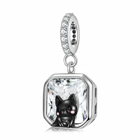 Süßer S925 Sterlingsilber Schwarzer Französische Bulldogge Anhänger Großer Transparenter Synthetischer Korund Strass DIY Charm
