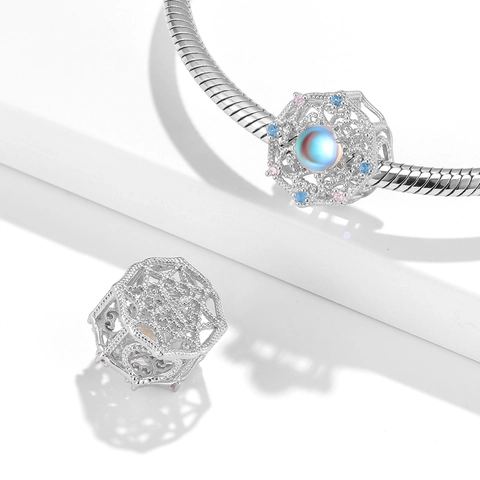 Perle Charm en Argent Sterling 925 Pierre de Lune Ronde Creuse Avec Zircone Colorée pour Fabrication de Bracelet Bijoux Femme