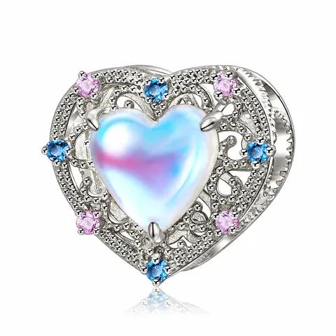 S925 Sterling Silver Heart Charm Synthetic Moonstone Hollow Inlaid Rhinestone Bead For DIY Bracelet Jewelry Making Women Gift