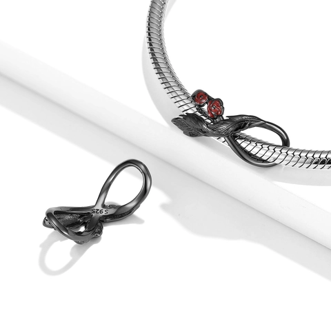 925 Sterling Silver Infinity Rose Charm Black Gold Plated Enamel Flower Feather Bead For DIY Bracelet Jewelry Women