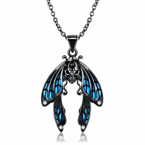 Gothic Dark Style Cicada Skull Pendant Necklace 925 Sterling Silver Electroplated Black Gold Blue Wings Rhinestone Inlaid Insect Jewelry