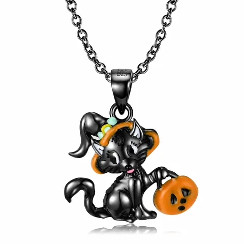 Collar con Colgante de Gato Negro de Halloween de Plata de Ley 925 Sombrero de Bruja Calabaza Esmalte Chapado en Oro Negro Joyería para Mujer Hombre
