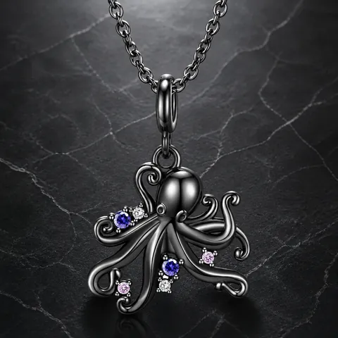Collar con Colgante de Pulpo de Plata de Ley 925 Gótico Galvanizado en Oro Negro Diamantes de Imitación Joyería Unisex