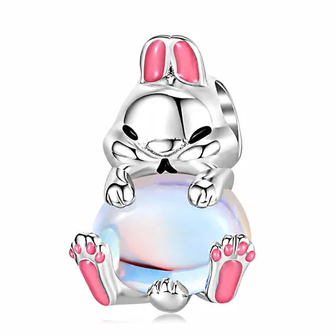 925 Sterling Silver Cute Rabbit Charm With Synthetic Moonstone Pink Enamel For Bracelet DIY Jewelry Making Accessory