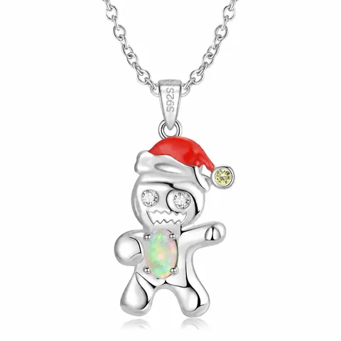 925 Sterling Zilver Peperkoekman Ketting Ovalen Opaal Zirkonia Hanger Rood Emaille Kerstmuts Y2K Sieraden Vrouwen