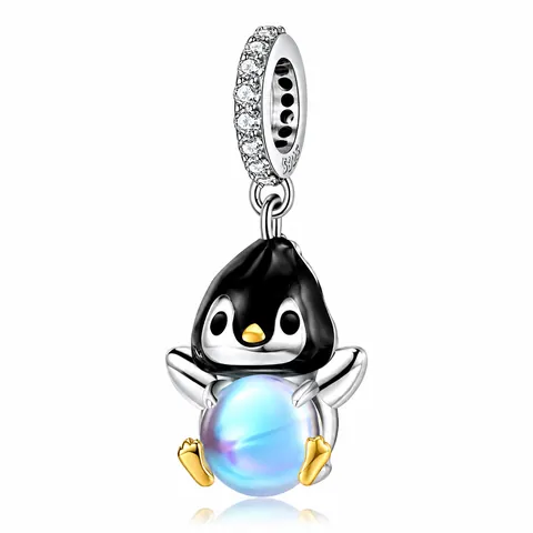 S925 Sterling Silver Penguin Charm Pendant With Synthetic Moonstone Enamel Animal DIY Jewelry For Women Bracelet Necklace