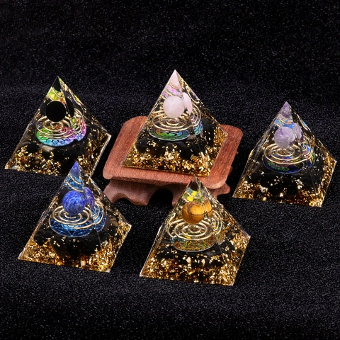 Orgone Energy Pyramid Healing Crystal Stone Resin Pyramid With Copper Coil Gold Foil Tree Of Life Home Office Desk Decor