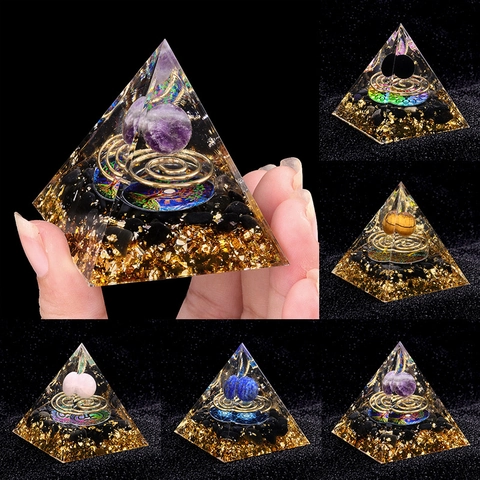Orgone Energy Pyramid Healing Crystal Stone Resin Pyramid With Copper Coil Gold Foil Tree Of Life Home Office Desk Decor