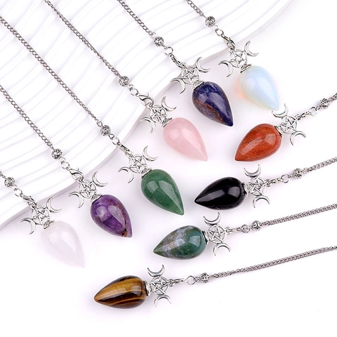 Tripla Luna Pentacolo Cristallo Naturale a Goccia d'Acqua Collana a Pendolo Strumento di Divinazione Wiccan Pagan Gioielli Donna Uomo