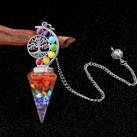 Tree Of Life Chakra Resin Hexagonal Cone Pendulum With Crystal Chips Copper Wire Healing Meditation Pendant Jewelry Necklace