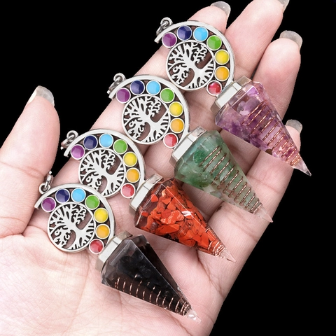 Tree Of Life Chakra Resin Hexagonal Cone Pendulum With Crystal Chips Copper Wire Healing Meditation Pendant Jewelry Necklace