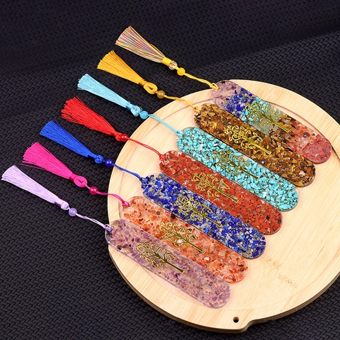 Tree Of Life Resin Crystal Bookmark With Tassel Natural Stone Inlaid Oval Spirituality Yoga Bookmark Reading Meditation Gift
