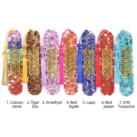 Hars Ingecapselde Natuursteen Bladwijzer Met Zijden Kwastje Heilige Geometrie Patroon Kristal Agaat Healing Schrijfwaren Geschenk