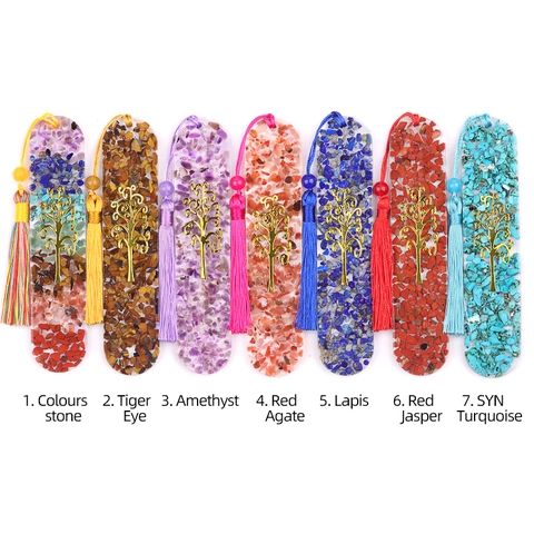Tree Of Life Resin Crystal Bookmark With Tassel Natural Stone Inlaid Oval Spirituality Yoga Bookmark Reading Meditation Gift