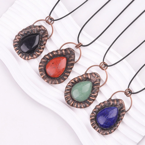 Collier Pendentif En Pierre Naturelle Goutte D'Eau Vintage Texture En Relief Alliage Bijoux Bohème Pour Femmes