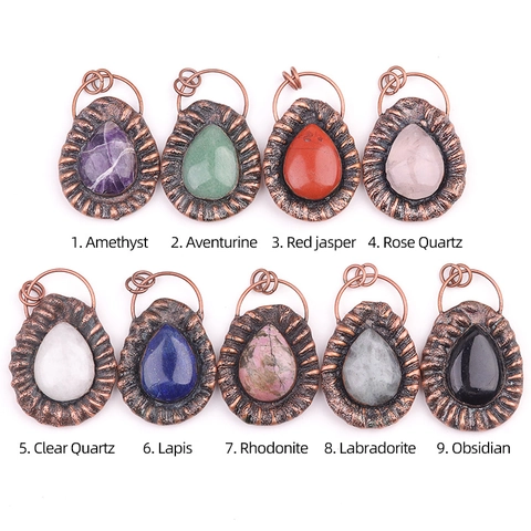 Collier Pendentif En Pierre Naturelle Goutte D'Eau Vintage Texture En Relief Alliage Bijoux Bohème Pour Femmes