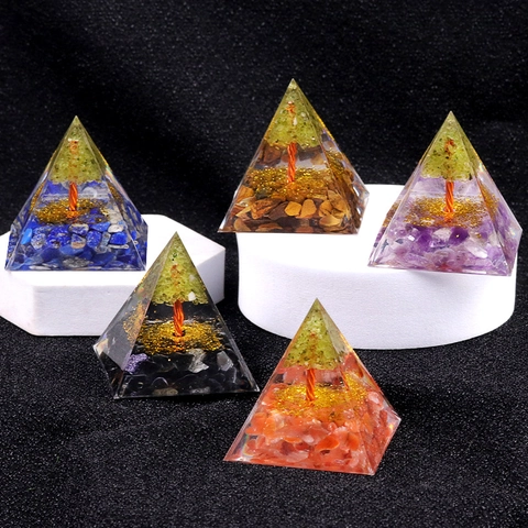 Orgonite Pyramid Life Tree Resin Ornament Olivine Crystal Healing Energy Desk Decoration Handmade Stone Pyramid