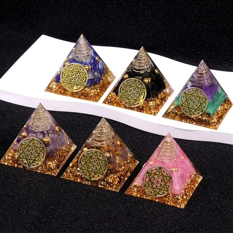 Handmade Orgonite Energy Pyramid Healing Crystal Resin Decor With Copper Coil Gold Foil Flower Of Life Table Ornament