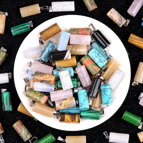 Natural Crystal Semi-Precious Stone Cylindrical Pendant Polished Gemstone Alloy Buckle DIY Jewelry Making Accessories Pendant