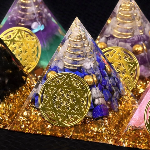 Handmade Orgonite Energy Pyramid Healing Crystal Resin Decor With Copper Coil Gold Foil Flower Of Life Table Ornament