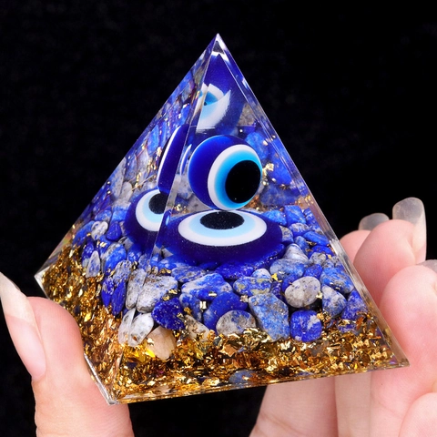 Böser Blick Orgonit Pyramide Harz Lapislazuli Goldfolie Kupfer Spule Energiestein Home Office Dekor Mystisches Geschenk