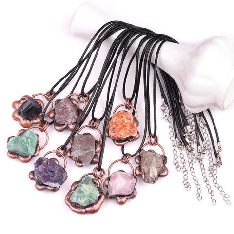 Vintage Natural Raw Stone Flower Pendant Necklace For Women Retro Amethyst Rose Quartz Crystal Healing Bohemian Jewelry Gift