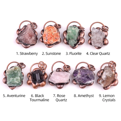 Vintage Natural Raw Stone Flower Pendant Necklace For Women Retro Amethyst Rose Quartz Crystal Healing Bohemian Jewelry Gift