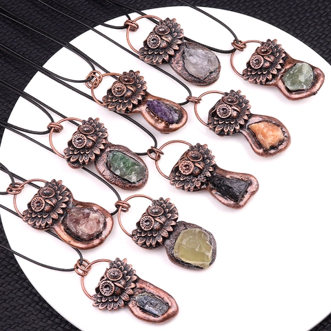 Vintage Brons Legering Uil Hanger Ketting Met Natuurlijke Halfedelsteen Kristal Kwarts Voor Vrouwen Mannen Sieraden