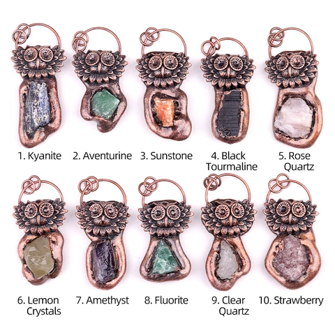 Vintage Brons Legering Uil Hanger Ketting Met Natuurlijke Halfedelsteen Kristal Kwarts Voor Vrouwen Mannen Sieraden